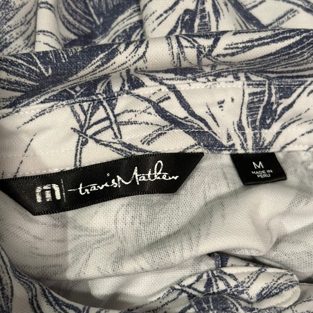 Travis Mathew Mens Golf Polo Shirt M White Navy Tropical Palm Print Short Sleeve - Picture 5 of 6